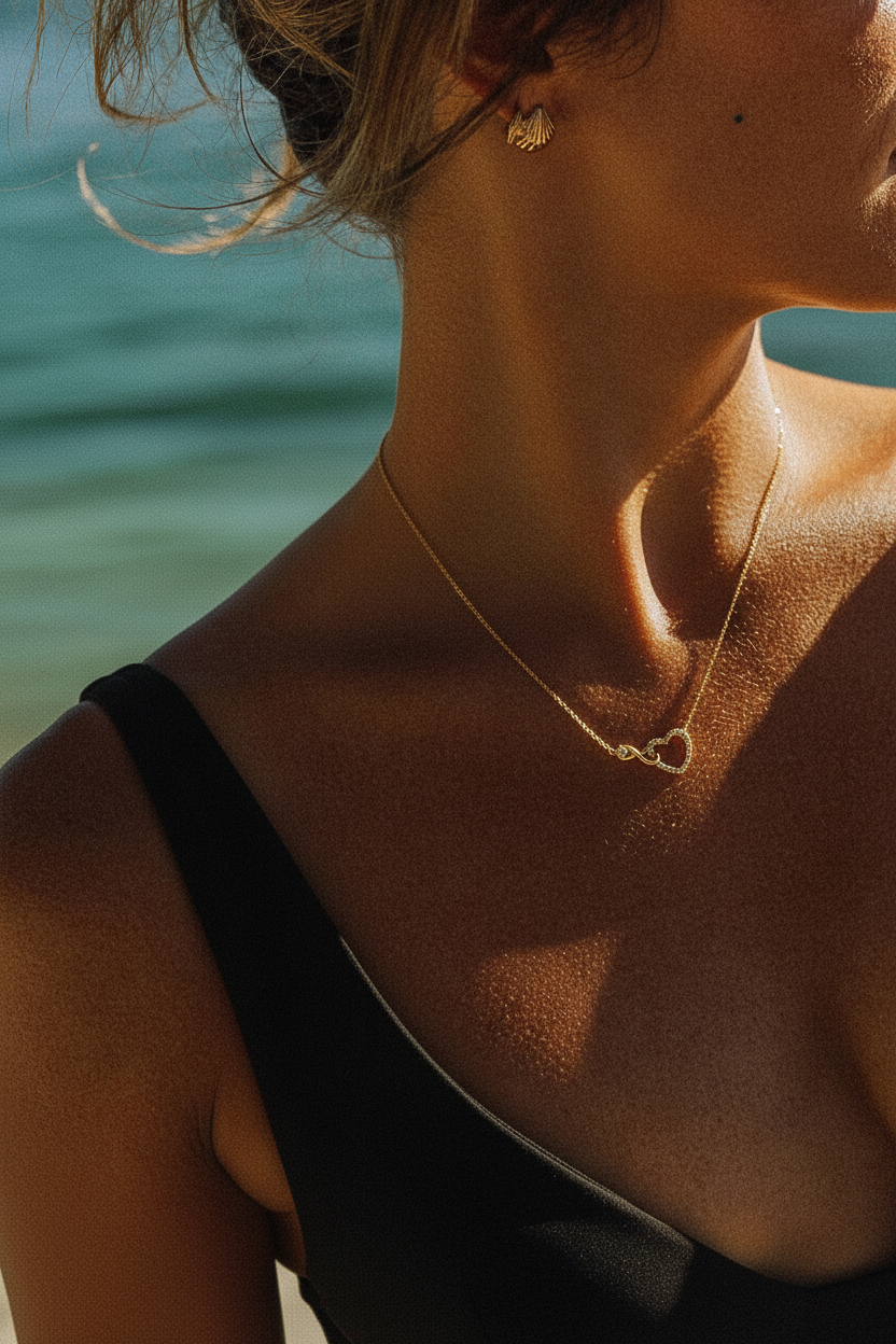 Beach photo with darker water and infinity heart necklace