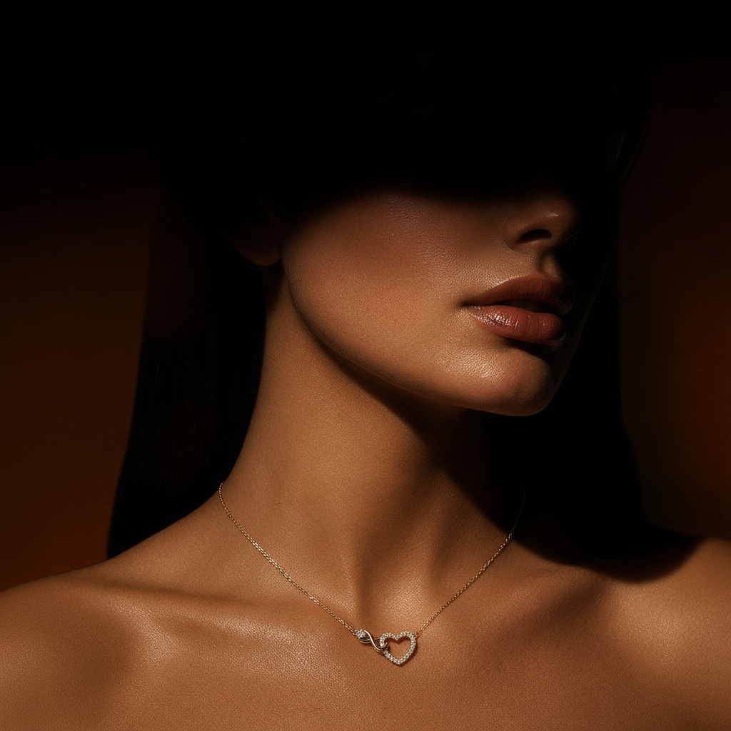 Dramatic portrait with delicate infinity heart necklace