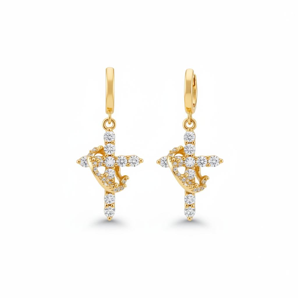 Pair of gold cross and crown earrings