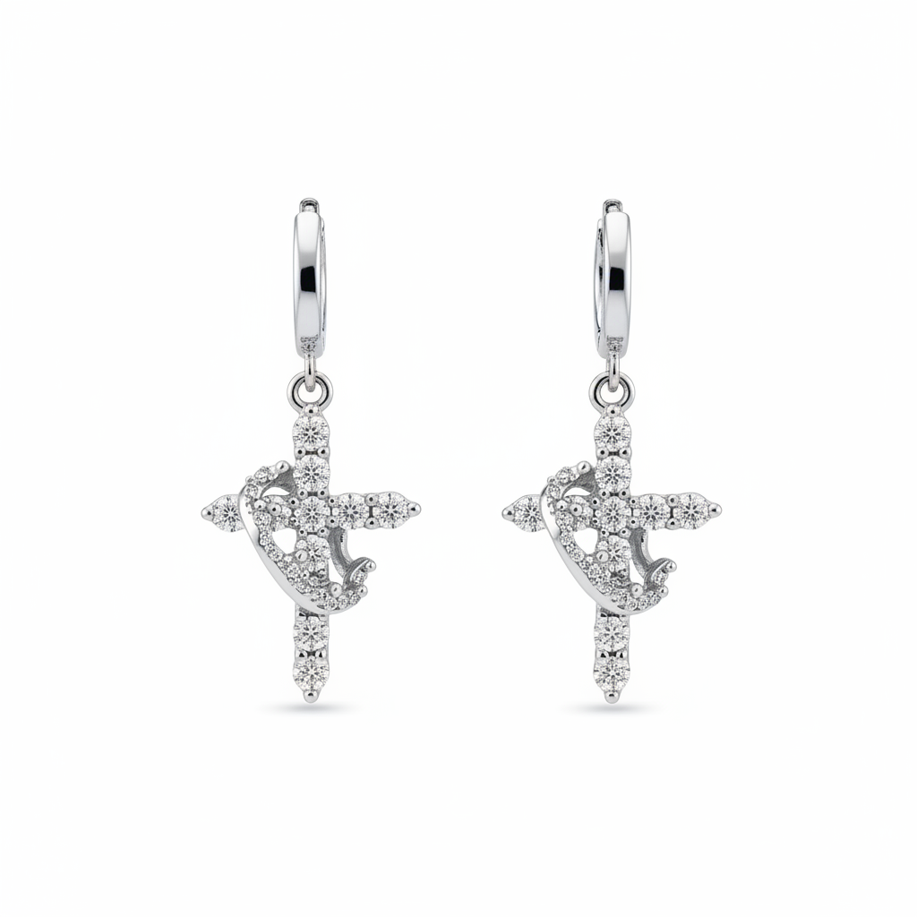 Pair of silver cross and crown earrings