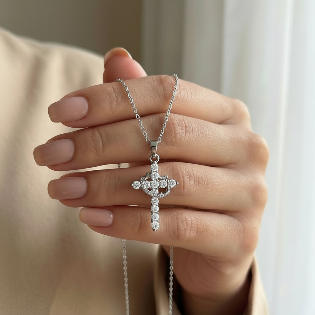 Silver Diamond Cross Necklace in Hand - No Rings