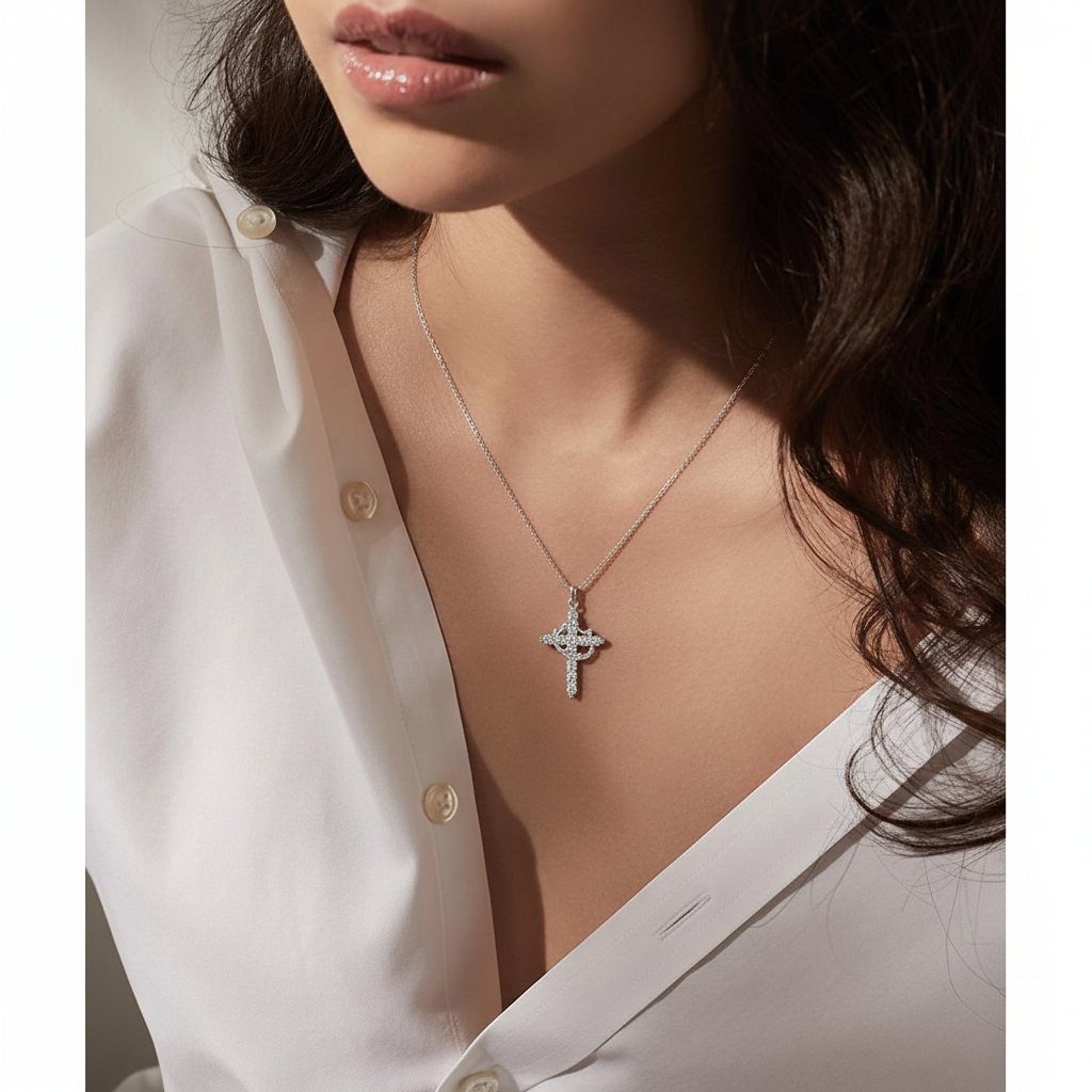 Silver Diamond Cross Necklace Lifestyle Photo