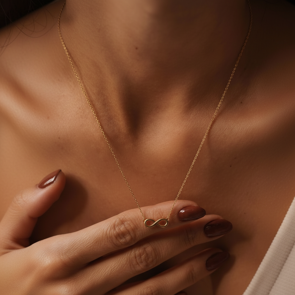Square format woman holding infinity necklace
